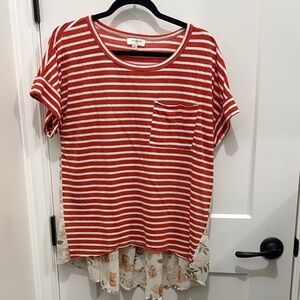 Umgee Red and White Striped Blouse with Floral Hem